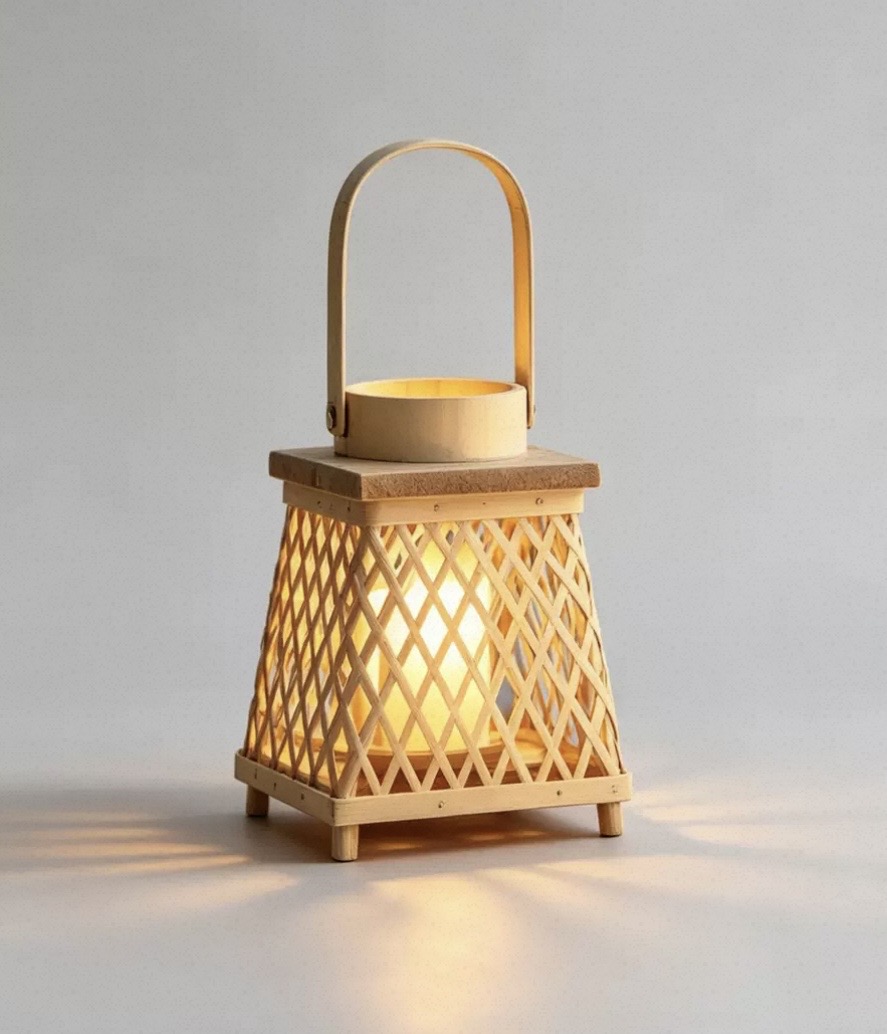 Woven bamboo lattice lantern with an arched handle and lit candle