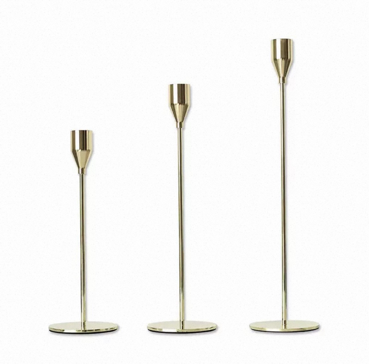 Polished gold slim cone-top candlesticks in three heights