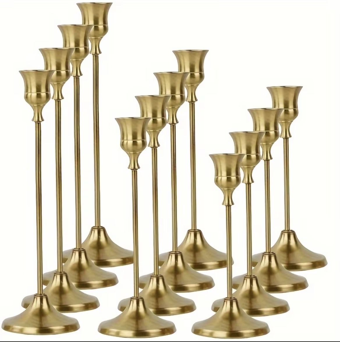 Sets of gold tulip-top candlesticks in three heights