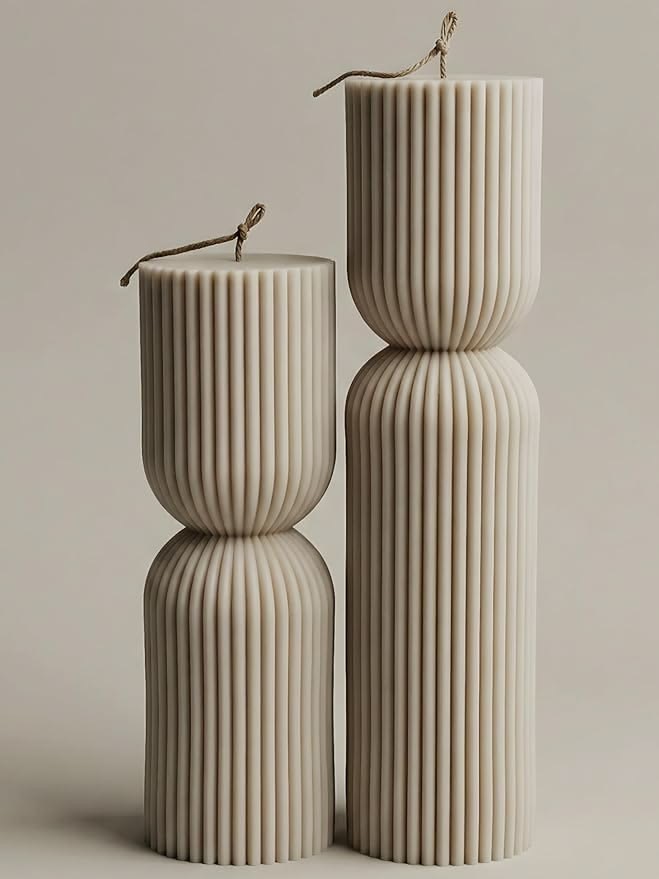 Ribbed Column Candle — A fluted hourglass column in two heights.