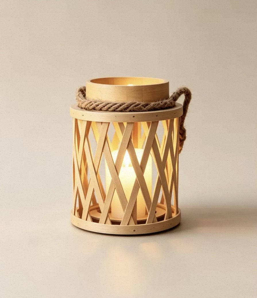 Lattice wooden candle lantern with a rope handle