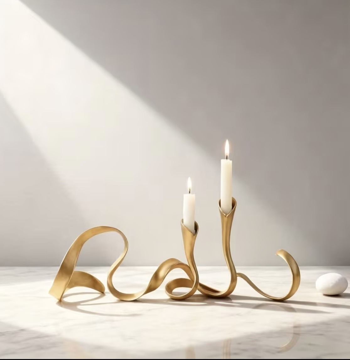 Sculptural gold ribbon candlestick holding two lit taper candles