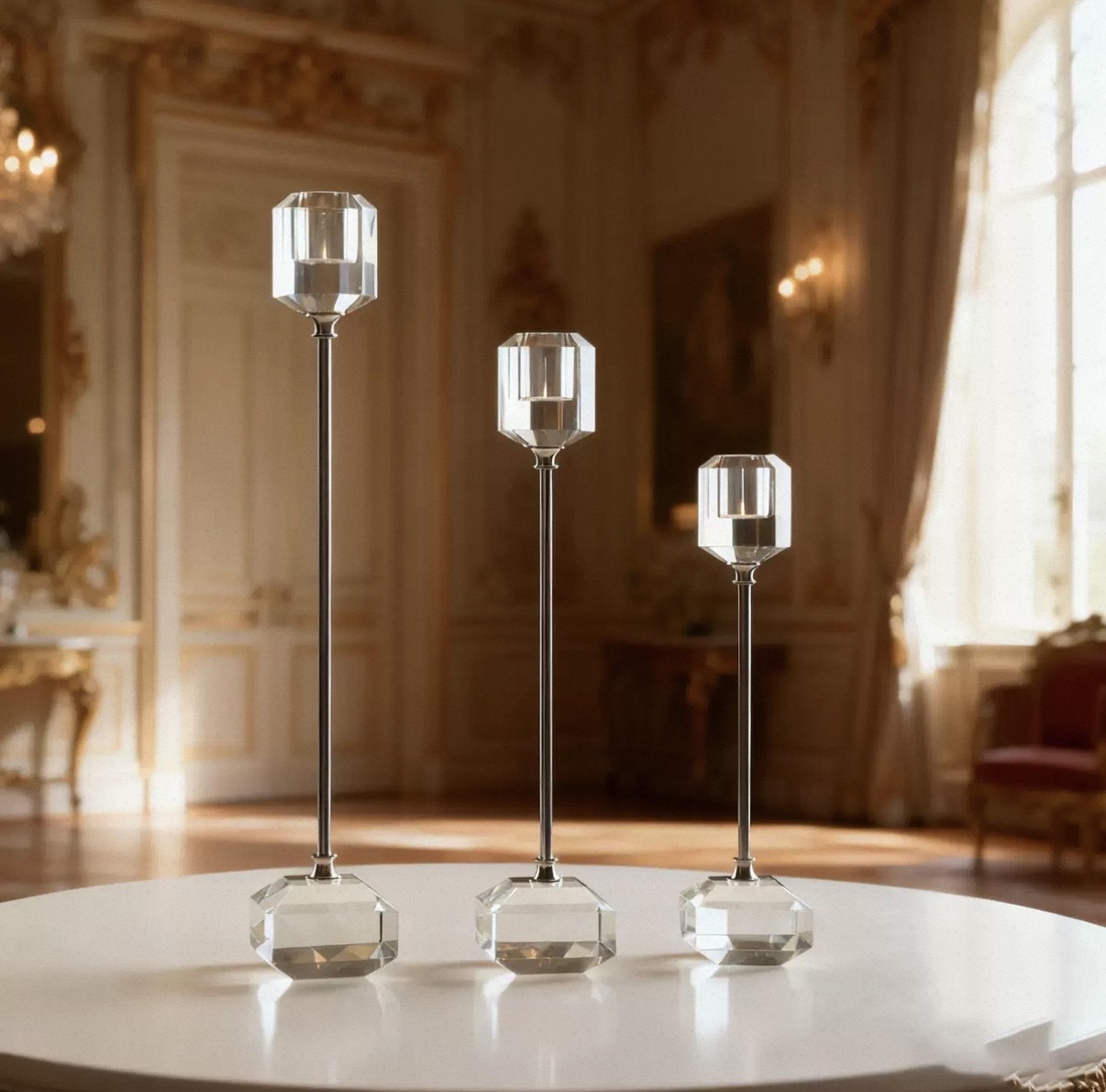 Crystal candlesticks on slim stands in three heights
