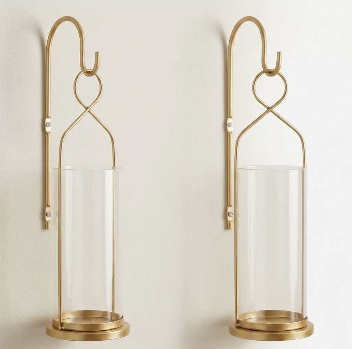 Pair of brass wall-mounted glass lantern candle holders
