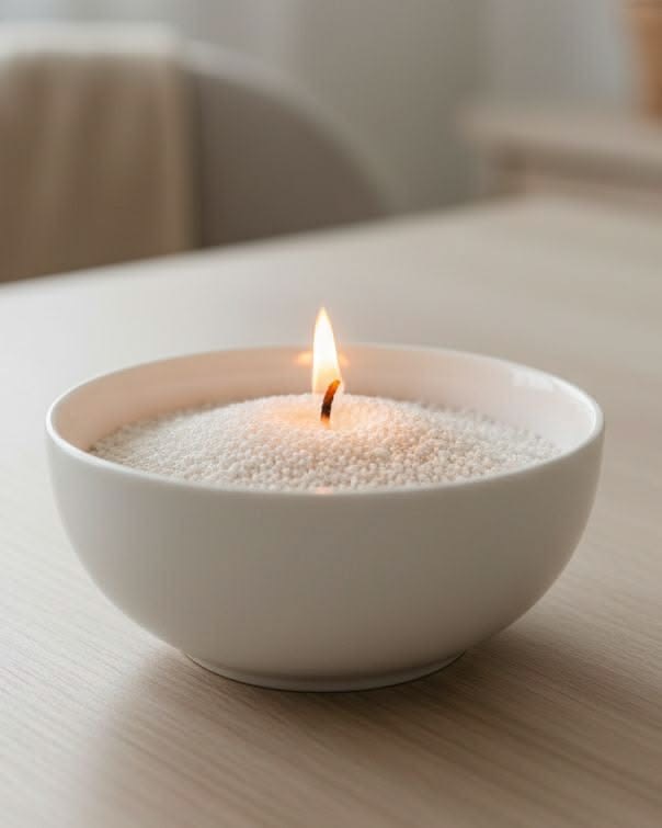 Ivory candle sand burning in a simple white bowl