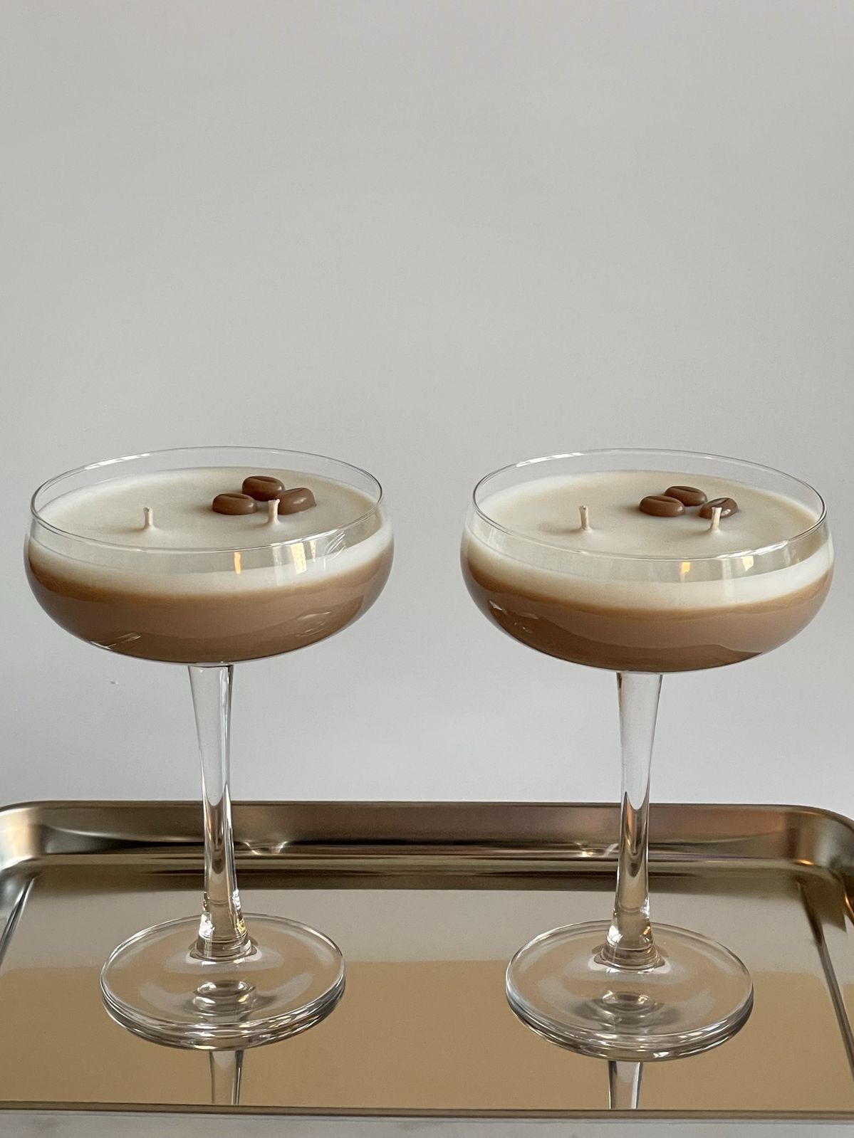 Espresso Martini Coupe Candle — Layered coffee and cream, topped with wax coffee beans.