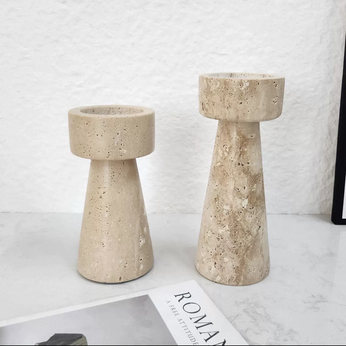 Stone-effect cone pillar candle holders in two sizes