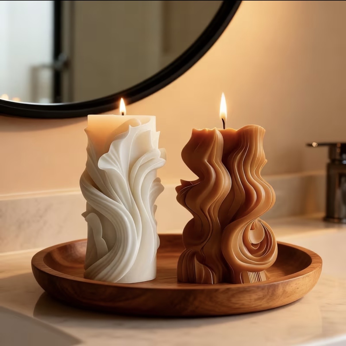 Flowing Form Pillar Candle — Deep carved waves with an artful silhouette.